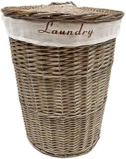 Brown White Honey Wicker Round Laundry Basket Bin Toilet Roll Holder + Lining[White Laundry basket (Medium)( 50x37cm)]