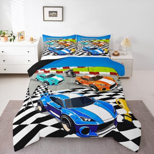 Image of Feelyou Kids Race Car Duvet Insert King Size, Blue Orange Racing Comforter Set Sports Cars Bedding Set Boys Girls Teens Bedroom Decor with 2 Pillow Case