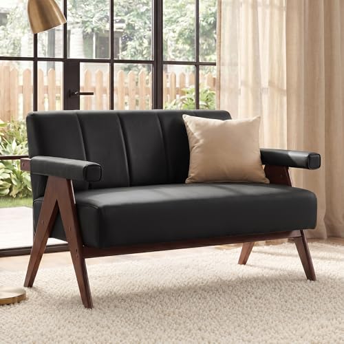 Image of STHOUYN 50 inch Black Faux Leather Sofa Couch, Small Comfy Office Loveseat with Back, Mid Century Modern Wooden Love Seat Bench Waiting Room Furniture Couches for Living Room, Bedroom