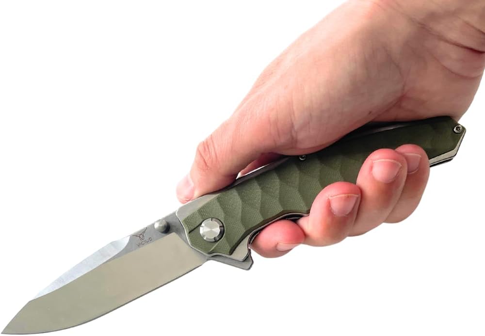 VICIUS Thumb Knob Wide Blade Pocketknife – D2 Stainless Steel, Green G10 Handle
