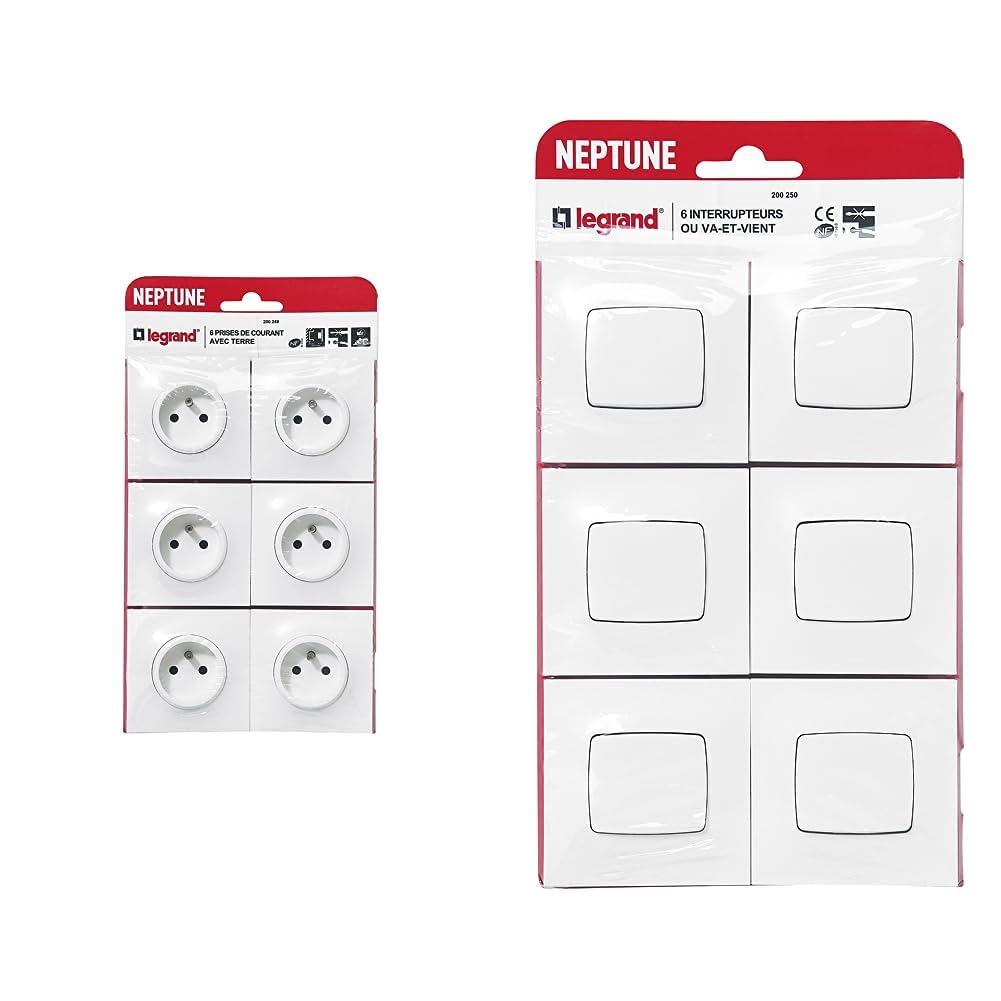 Legrand - Lot de 6 prises de courant avec terre Neptune - Blanc & - Lot de 6 interrupteurs ou va-et-vient Neptune - Blanc