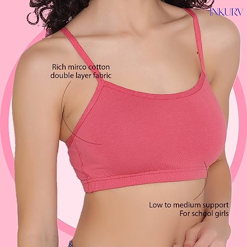 Image of INKURV Slip on Beginner's Bra for Girls, Non Padded, Non Wired, No Hooks with Double Layered Fabric, Adjustable Straps, Wirefree Sports Bra- Lisa Combo of 3