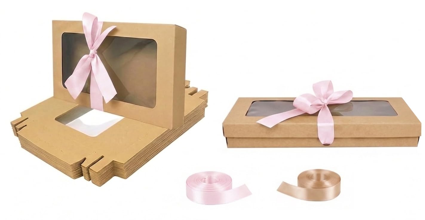 Emartbuy Pack of 12 Brown Gift Boxes with Clear Window Lid & Baby Pink Satin Ribbon - Small Slim 21 x 12.5 x 2.5 cm - Recyclable Kraft Presentation Box for Hampers, Treats, Weddings & Favours — image 1