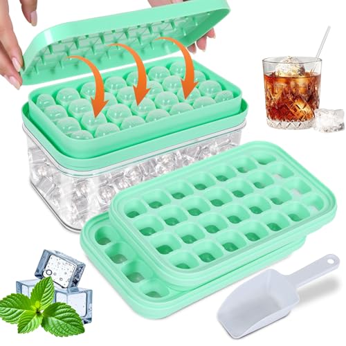 Ice Cube Tray with Lid Large Silicone Ice Cube Moulds Release All Ice Cubes in One Second BPA-Free Food-Grade 2-Tier 56 Ice Cube Tray (Green)