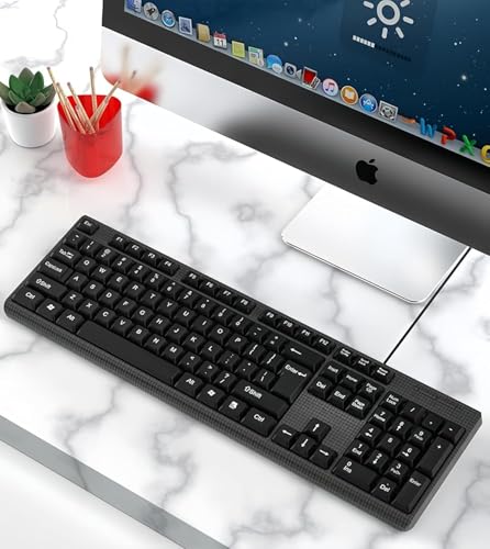 Image of Guiheng Wired Computer Keyboard, Plug Play USB, Large Number Pad, LED Indicators，Ergonomic, Foldable Stands,Anti-Wear Letters Full Size Keyboard,for Windows Mac PC Laptop-Black