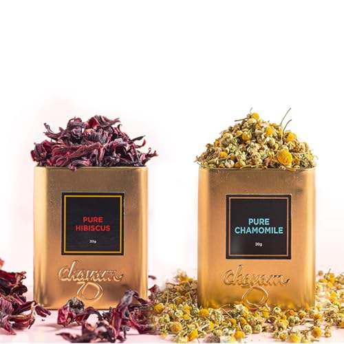Image of Chayam Chamomile & Hibiscus Herbal Tea Combo | 2 x 30g Loose Leaf Teas in Premium Tins | Pure Chamomile for Sleep + Hibiscus for Skin & Heart | Caffeine-Free Natural Herbal Infusion