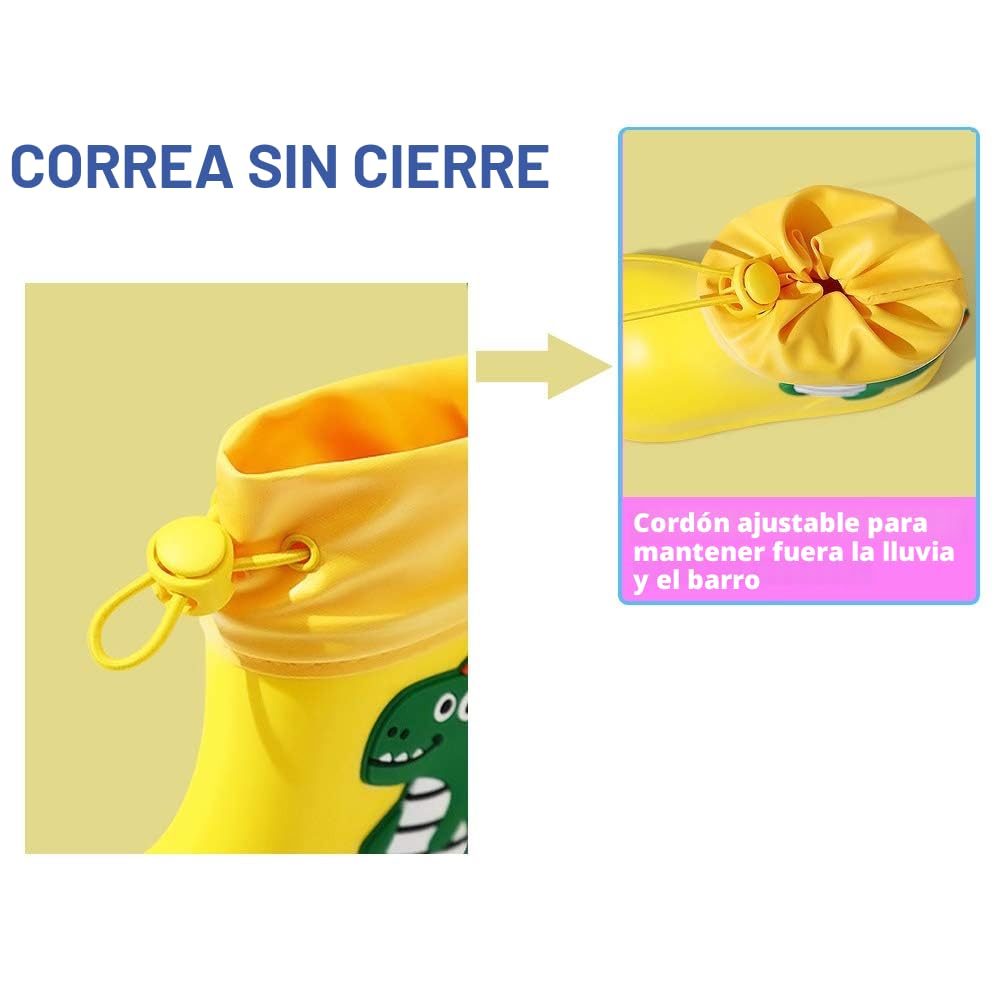 Botas de Agua para Niños y Niñas con Cordón Ajustable en el Cuello, Botas de Lluvia Caucho Goma de Dinosaurio Impermeable y Antideslizante