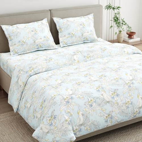 Image of Haus & kinder Double Bedsheet for Queen Size Bed | 90 x 100 Inches 144 TC Cotton Bedsheet for Double Bed with 2 Pillow Covers - Tropical Bird