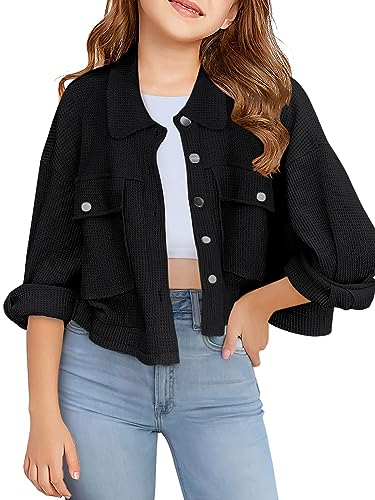 Galawaqe Kid Girls Waffle Knit Shacket Jackets Lightweight Cropped Shacket Long Sleeve Button Down Shirts For 5-14 Years #TOP25
