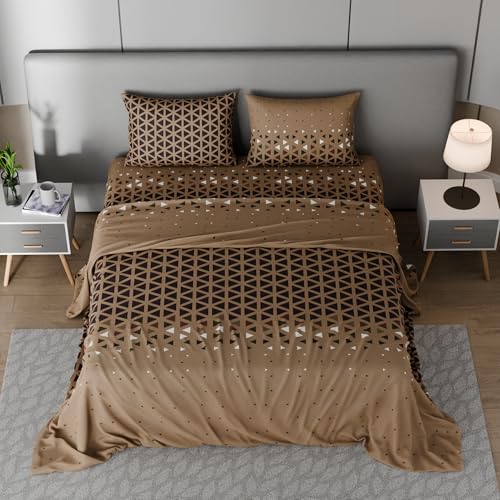 Image of BLISSHOME SoftTouch 150TC Cotton King Size Printed Bedsheet with 2 Pillow Covers for Double Bed, Silky Smooth Bedding Set, Breathable, Easy Maintain, Geometric Pattern - Mocha Brown (228cm X 274cm)