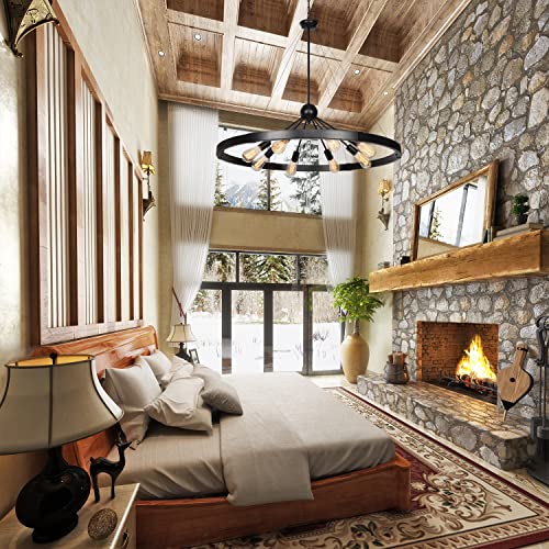 Zxfdwb 38.2'' Large Farmhouse Wagon Wheel Chandelier For Living Room, 8-Light Rustic Round Metal Light Fixtures For Dining Room Entryway Kitchen Island, Vintage Black Finishes #TOP5