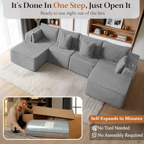 Image of 138 inch Cloud Sectional Couch, Comfort U Shaped Sofa for Living Room, Extra Deep Seats No Assembly, Minimalist Modular Couch, Corduroy (Light Grey, 6 Seats,U-Shape C)