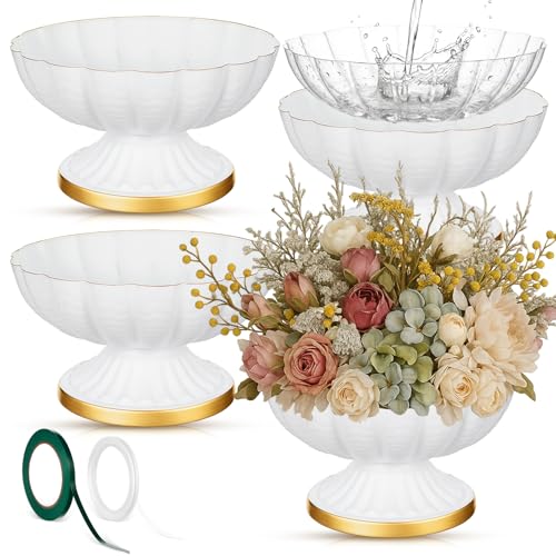 Ninehaoou 4 Pcs Metal Compote Bowl for Centerpiece Flower Holder Small Compote Vase Decorative Indoor Outdoor Flowers Fruits Plant for Valentine's Day Wedding Home Party Decoration (White)