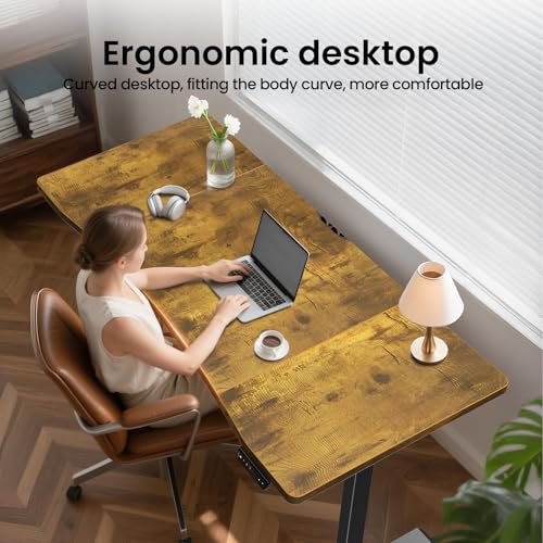 Image of Veken 63 x 28 Inch Electric Standing Desk, Sit to Stand Up, Work Home Office Computer Table for Study, Walking Pad, Writing, and Games, Wooden Desktop Desks, Brown