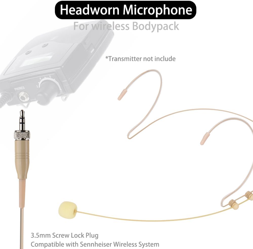 YXG Headworn Earset Double Over Ear Hanging Mic Beige Low Profile Light-Weight Microphone Compatible with Sennheiser Wireless System Bodypack Transmitter, with 3.5mm Female Screw Plug - Image 3