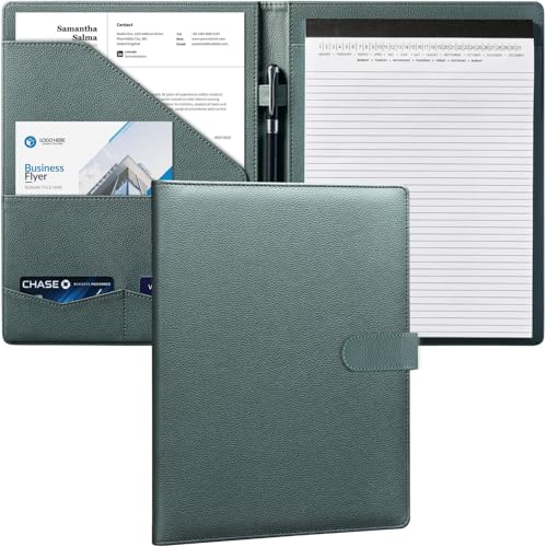 Mymazn Padfolio Portfolio Folder, Faux Leather Interview Resume Folder with Document Organizer & Business Card Holder, Letter-Sized Notepad Legal Pad Holder for Men Women (Grey Green)