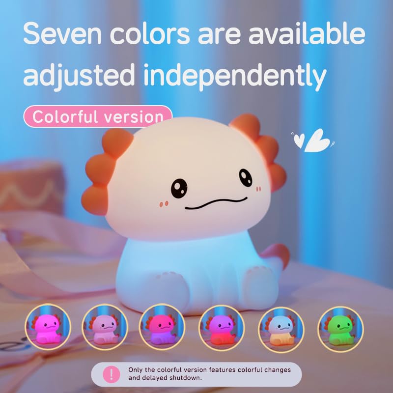 Wrischan Axolotl Night Light Kids, Cute Soft Silicone LED Lamp with 7 Color Changing & 3 Dimmable Settings, 30-Minute Timer - Image 2