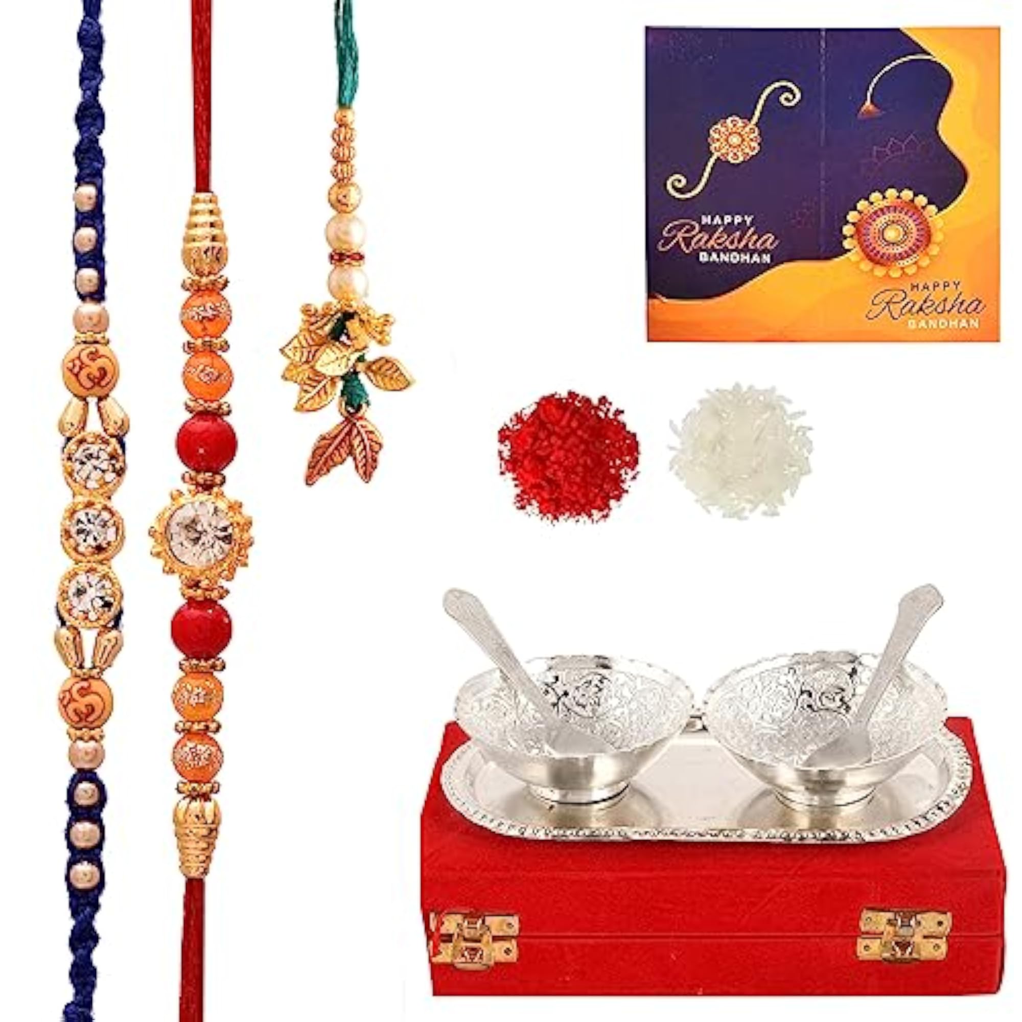 Gift Combo Set: Rakhi with German Silver Bowl Set & Velvet Box