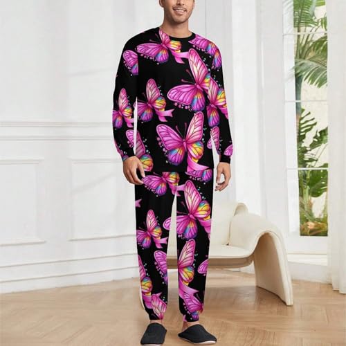 Rainbow Ribbon Breast Cancer Awareness Mens Pajamas Set Long Sleeve Sleepwear Pjs Set Shirts And Bottoms Sleep Sets Loungwear2