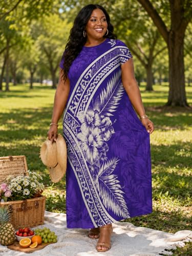 Image of Plus Size Maxi Dress for Women Short Sleeve V Neck Casual Loose Sundress with Pockets