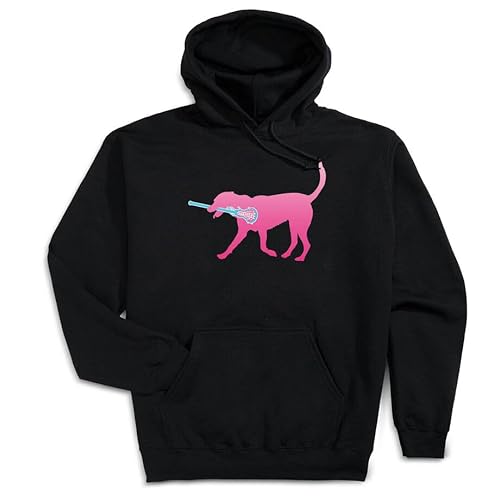 ChalkTalkSPORTS Girls Lacrosse Hooded Sweatshirt | LuLa the Lax Dog Pink | Black | Adult Medium