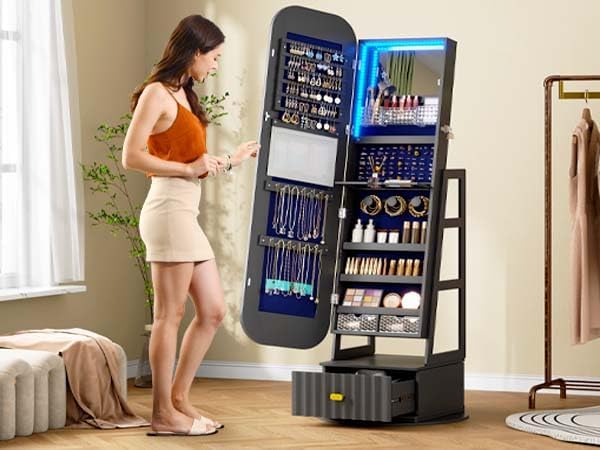 Full Length Mirror with Storage, 61" Mirror Jewelry Cabinet Standing, Rotating Jewelry Mirror Organizer Full Length, Lockable Jewelry Armoires with Velvet Lining for Women Gift Black-D