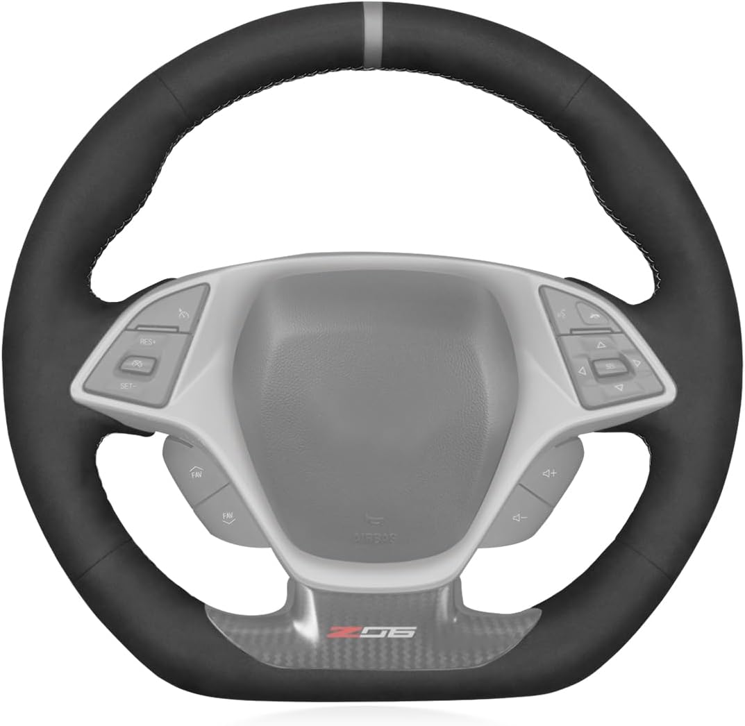 MEWANT Hand Stitch Shiny Carbon Fibre + Suede Car Steering Wheel Protector Wrap Cover for Chevrolet Corvette (C7) 2015-2019 Chevrolet Corvette (C7) Accessories（for D-Shape Steering with Bulges）