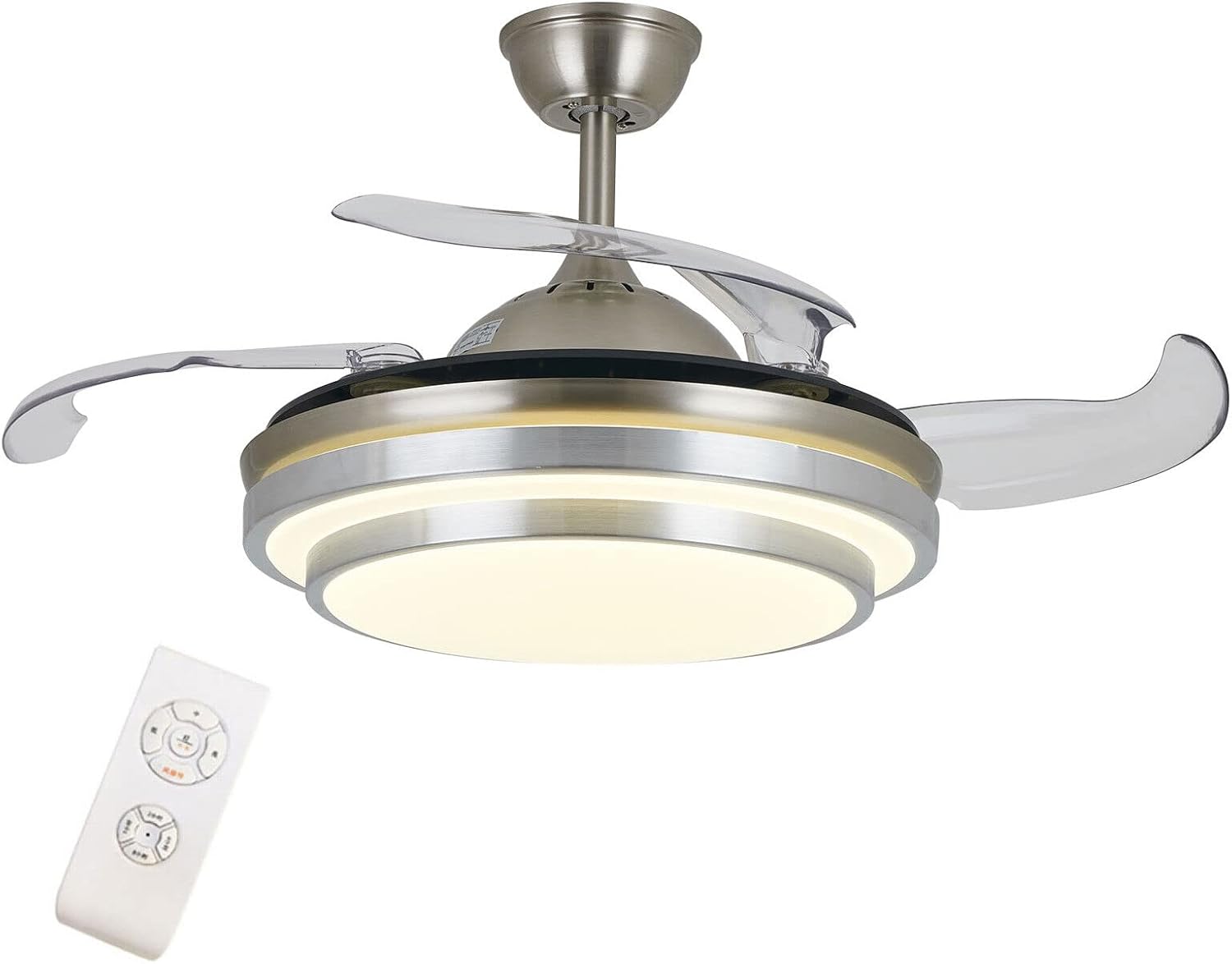 TFCFL Ceiling Fan Light Invisible 42" LED Chandelier Lamp 3 Colors Retractable Blades w/Remote 110V for Living Room Bedroom Basement Restaurant Dining Room