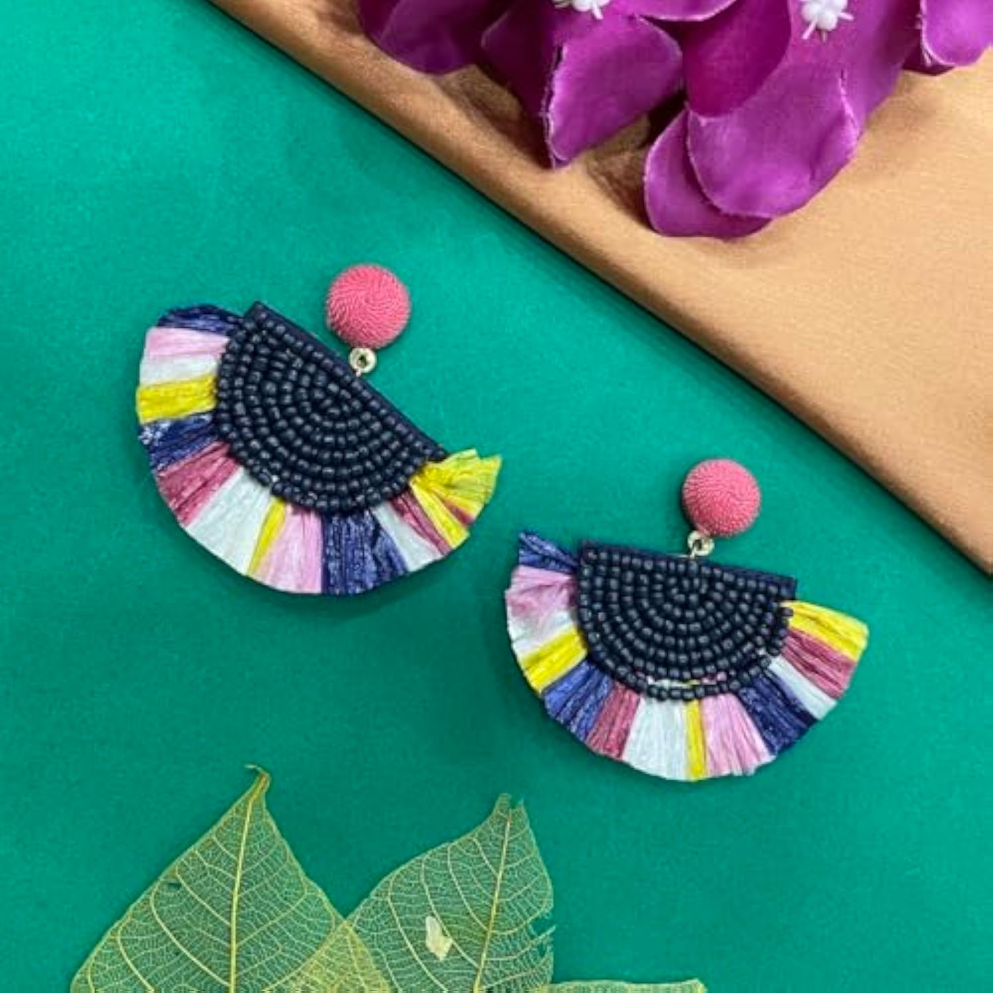 Women's Colourful Beaded Bohemian Half Round Tassel Dangle Earrings