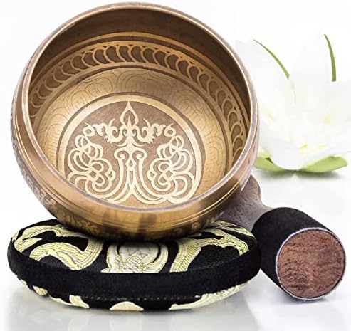 Tibetan Singing Bowl Set - Easy to Play - Creates Beautiful Sound for Holistic Healing, Stress Relief, Meditation & Relaxation - Peace Pattern - Gold Bowl with Black Pillow - Yoga singing bowl