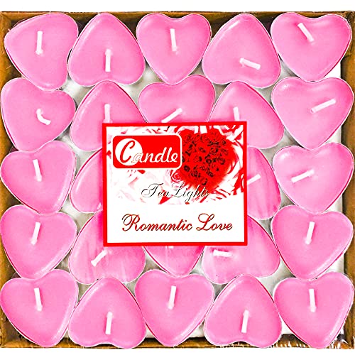 50Pack Heart Shaped Tealight Candles, Unscented Tea Lights Candles, Pink