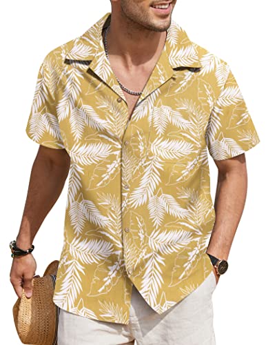 COOFANDY Men Linen Aloha Shirts Button Up Lightweight Beach Wear Wedding T Shirts