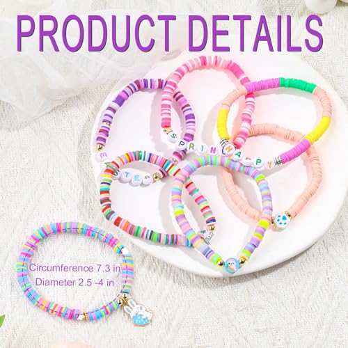 7Pcs Easter Bunny Basket Gifts Bracelet, Easter Gifts for Girls Women Stackable Boho Clay Party Elastic Stretch Bracelets - Image 3