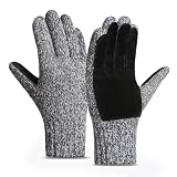 Warm Inner Thermal Insulation Winter Gloves Full-Finger Men Women Wool Acrylic Soft Knit Cold Weather Warm Glove Mittens (Dark Gray Full-Finger Leather Palm Large)