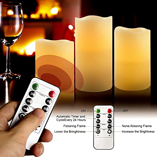 Image of VETOUR Battery Operated Flameless Candles: Remote Control LED Electric Set of 3 H4 inch5 inch6 inchD3.15 inch Ivory Real Wax Pillar Flickering Candle with Timer Home Halloween Christmas Gift Deco