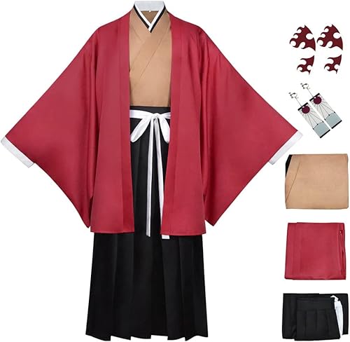 Miniatura 4 de AIUKAKP Disfraz de cosplay de Tsugikuni Yoriichi, kimono de Tsugikuni con peluca y aretes, bata roja, uniforme para Halloween