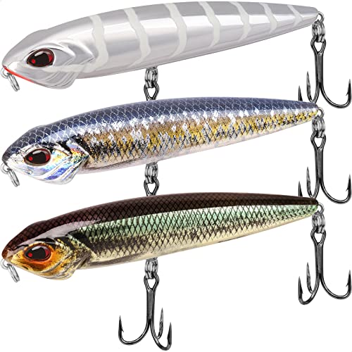 TRUSCEND Topwater Fishing Lures with BKK Hooks, Pencil Plopper Fishing Lures for Bass Catfish Pike Perch, Top Water Bass Bait Lure with Propeller Tail, Pencil Floating Lure