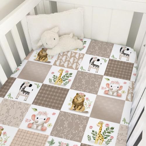 Image of Baby African Safari Animals Crib Sheets 52''x28'' Lion Elephant Giraffe Hippo Zebra Floral Leaves Stretchy Fitted Crib Mattress Cover for Boy Girl Soft Baby Sheets for Standard Crib Toddler Mattress
