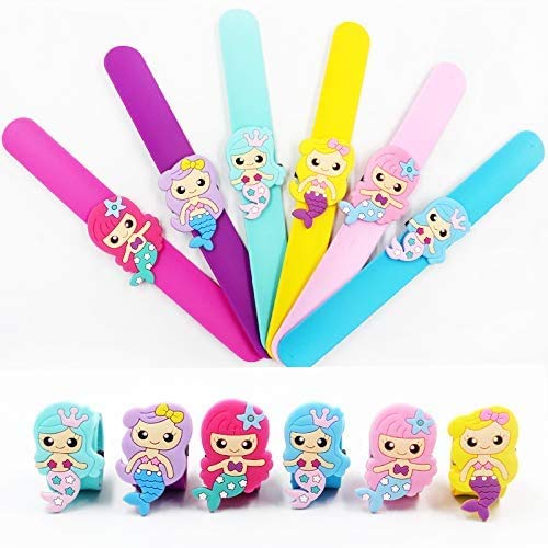 6-Pack Silicone Slap Bracelets,Cute Mermaid Rainbow Flowers Fruit Animal Theme Party Favors, Charm Rubber Snap Set For Girls Boys Children (Mermaid Series) #TOP5