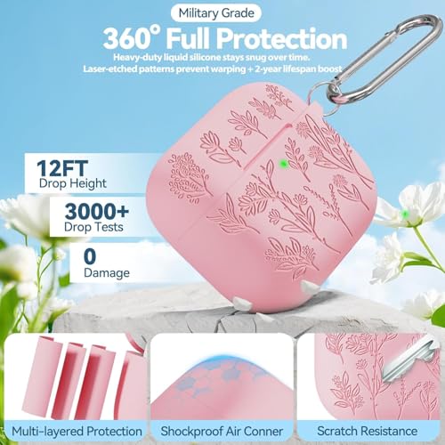 Image of Meyaar Silicone Case for AirPods 4 Floral Embossed, Flower Engraved Soft Silicone Cover with Keychain, Anti-Scratch, Shockproof Protective Case Cover (Pink, for AirPods 4 (2024)
