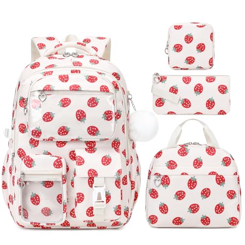 GeeWin Backpacks for Girls 4PCS Girls Backpack with Lunch Box Pencil & Square Pouch Set 17 Inch Waterproof Bookbag for Kids Teens Elementary Middle High College School Student (Cream/Strawberry)