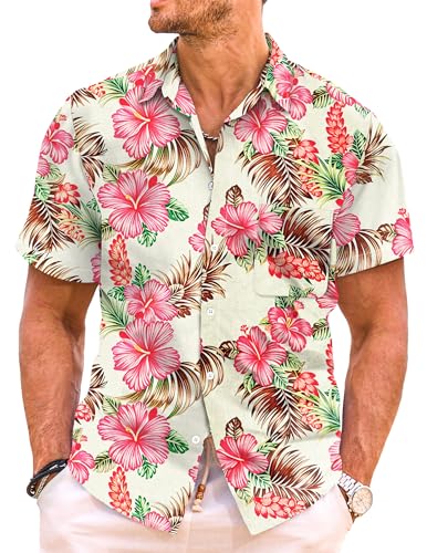 JMIERR Men's Hawaiian Shirt Short Sleeve Beach Shirts for Men Floral Casual Button Down Shirts Tropical Holiday Shirts,US 38(S),1 Pink