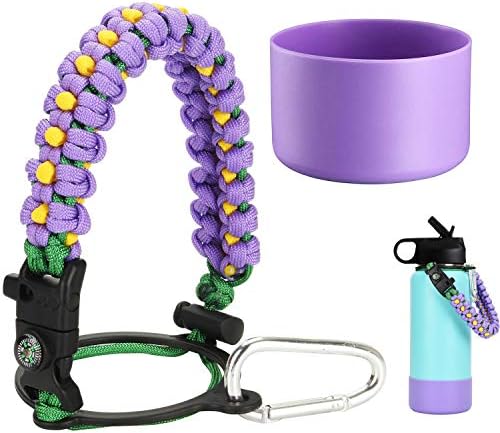 LX-SUNCX Paracord Handle and Silicone Sleeve Boot Compatible with Hydro Flask Wide Mouth Water Bottle (Daisy-Purple w/Compass+Whistle+Firestarter, 32oz-40oz)