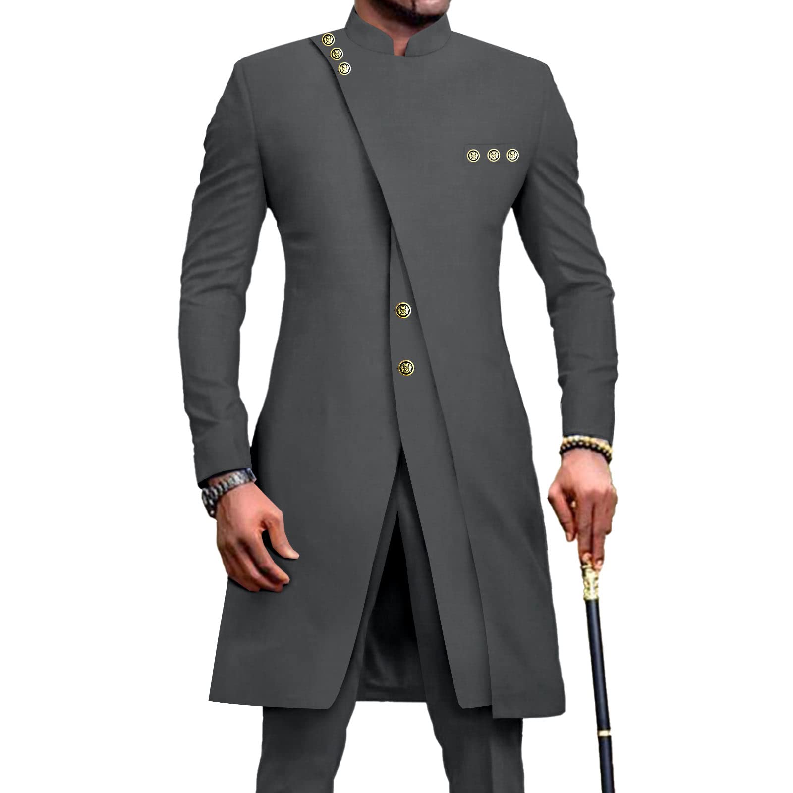 Africa-Pride Men's Gray African Suits For Slim Fit Single Breasted Blazer And Pants Set Business Dress Suit Party Wedding Evening, L