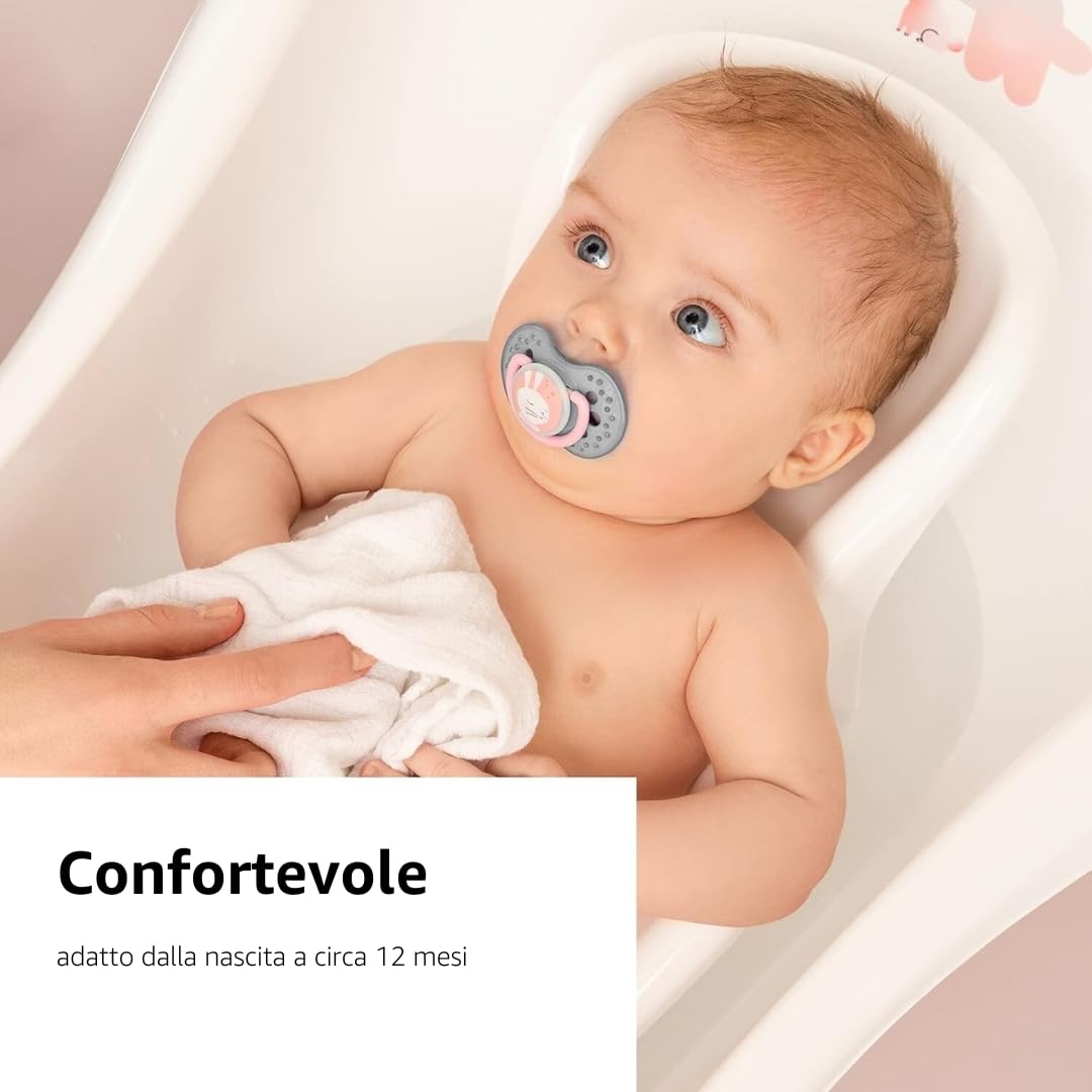 Hylat Baby Vaschetta Bagnetto Neonato e Riduttore con Tappo - Friends Bianca - Certificato TÜV Rheinland - Stabile e Confortevole, Ideale per Bambini fino a 12 Mesi - Collezione Lite - Sdraietta