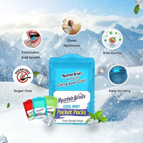 Image of Mountain Breeze Sugar-Free Coolmint Fresh Breath Strips - Pack of 20 (7 Strips Each) | Instant Mouth Freshener | Pocket-Friendly | Long-Lasting Cool Mint Flavor NEW