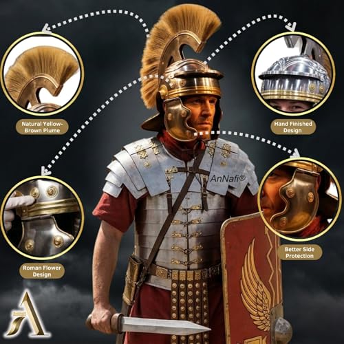 Image of AnNafi Roman Centurion Helmet w /Plume Armor, Medieval Metal Replica Helm, Soldier Costume Gladiator
