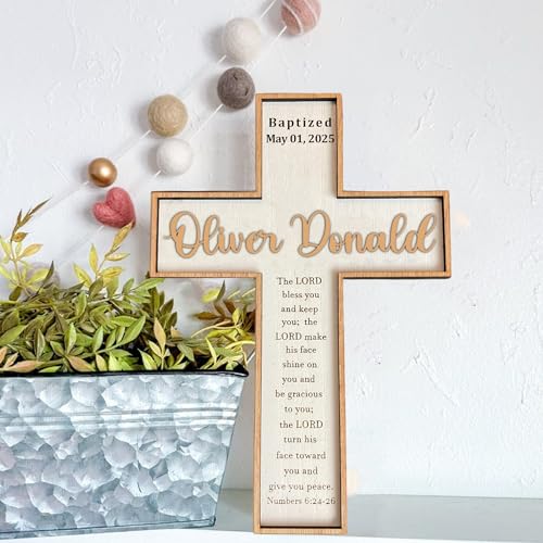 Image of Godashop Personalized Baptism Cross Wood Sign, Wooden Sign Baptism Gifts For Baby, Christening Gifts Crosses for children, Baptized Cross Sign, Dedication Gift - A5