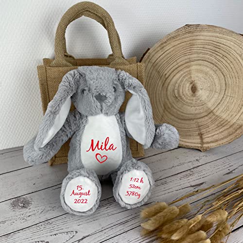 mamir home Geburtsgeschenk Baby Jungen & Mädchen | Hase Kuscheltier personalisiert mit Name & Geburtsdaten I 34cm I Geschenkidee zur Geburt I Taufe