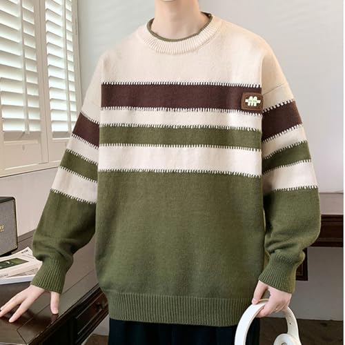 Mens Knitted Crewneck Pullover Sweaters Stripe Color Block Sweater Chunky Fall Winter Fleece Warm Knit Sweater3